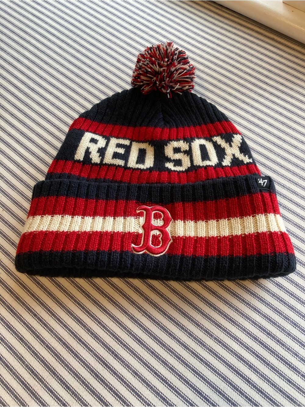 47 Adult Boston Red Sox Pom Beanie - Navy, Red, White